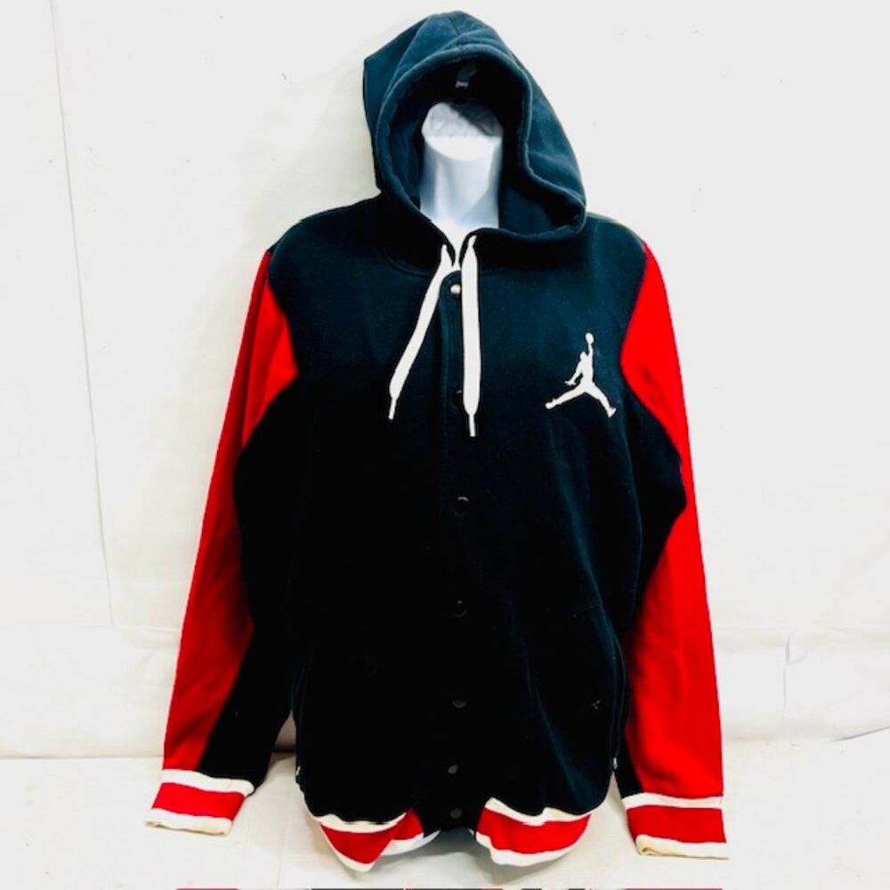 Air Jordan Hoodie Men’s L Button Fleece Sweat Jacket Embroidered Logo black Red - Picture 1 of 9